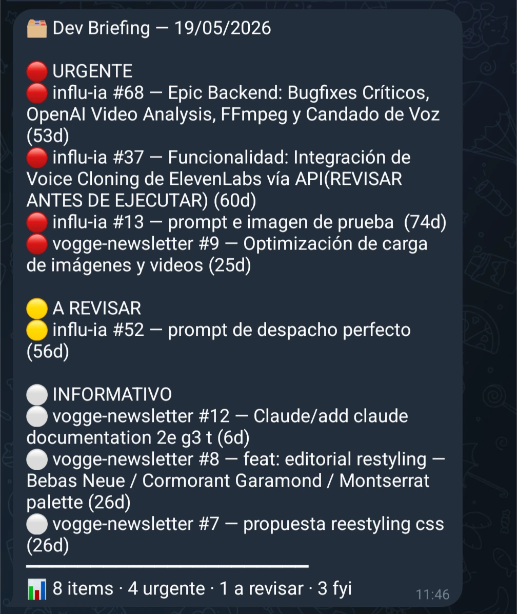 Captura real del Dev Briefing Agent en Telegram